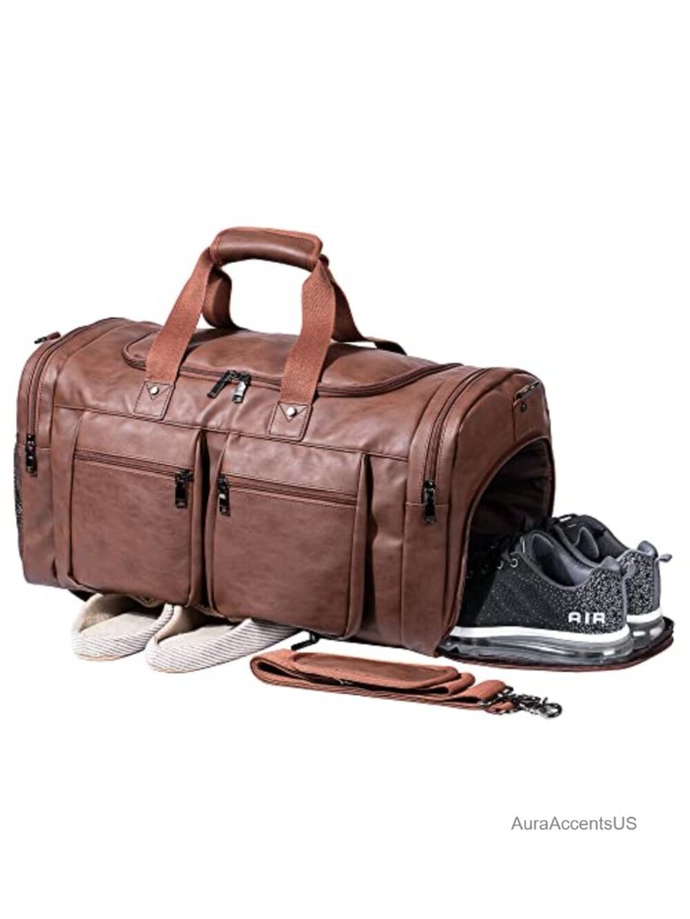 Waterproof Leather Weekender Duffel Bag with Shoe Pouch Carry On Travel Tote